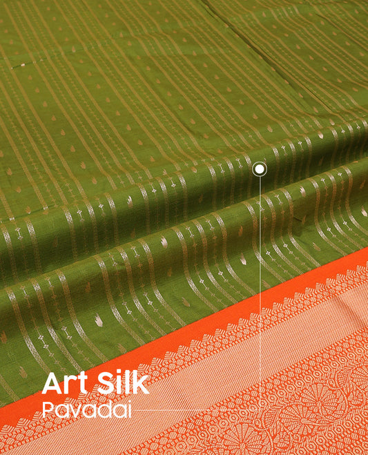 Green Art Silk Pavadai Material Set, Detailed with Zari Designs All Over Its Skirt, Highlighted with a Contrast Traditional Zari Design Border, and Paired with a Contrast Blouse