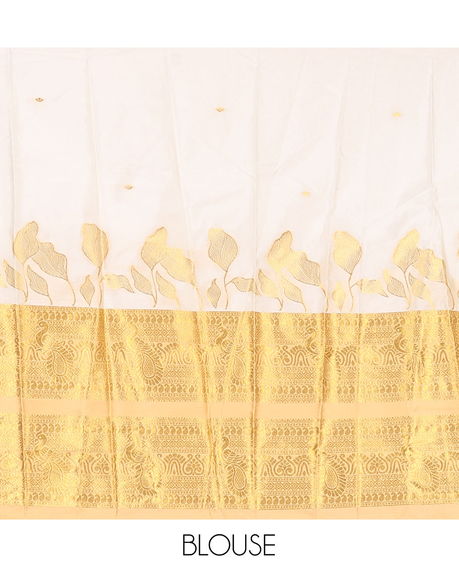 Cream Banarasi Silk Half-Saree, Adorned with Zari Buttas Skirt, Contrast Traditional Border, Matching Blouse, Contrast Zari Design Dhavani