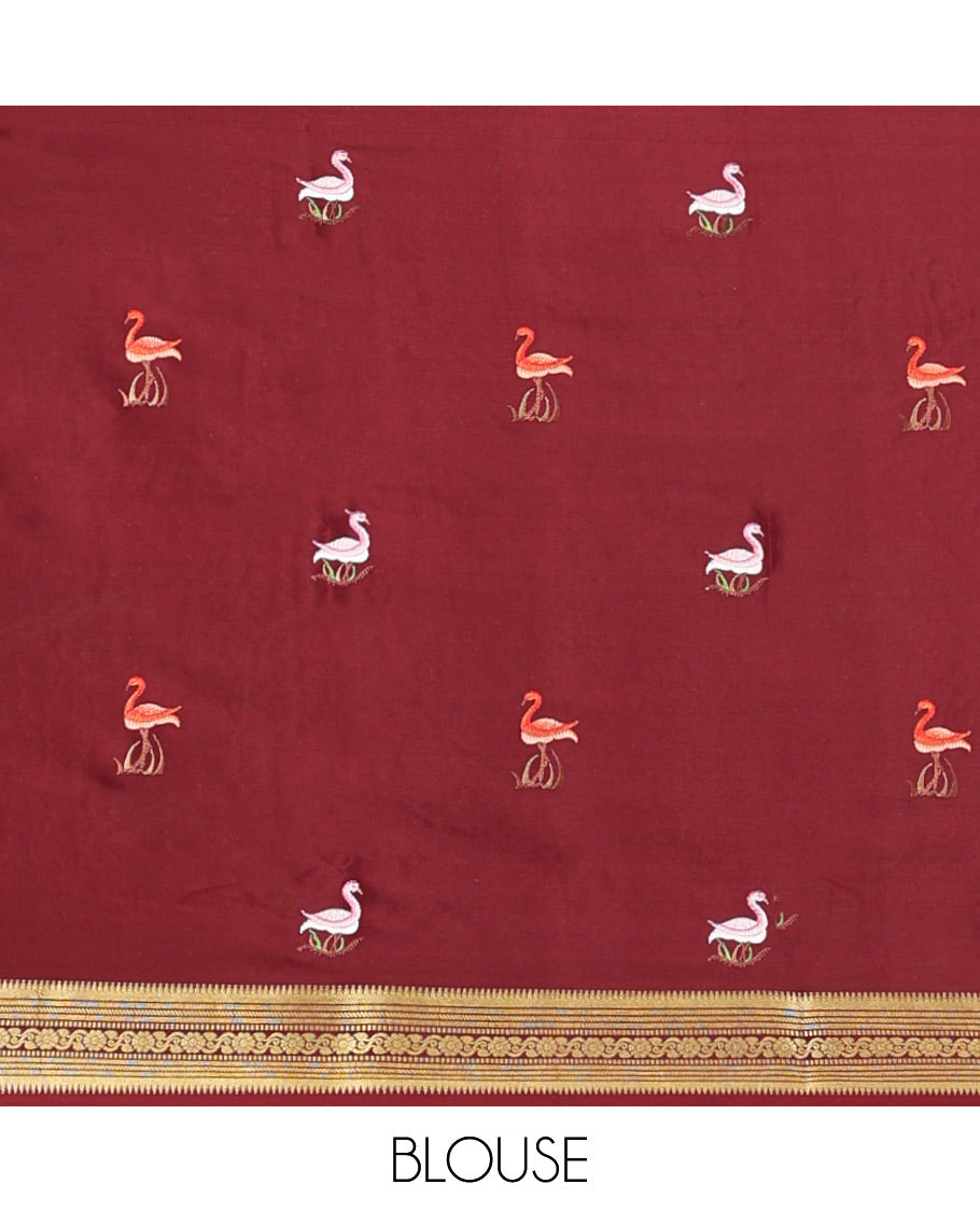 Orange Mysore Silk Saree, Adorned with Zari Checked Design on Its Body, Complemented by a Contrast Traditional Zari Design Border, Pallu Pictures Floral and Bird Designs, and Paired with a Contrast Blouse