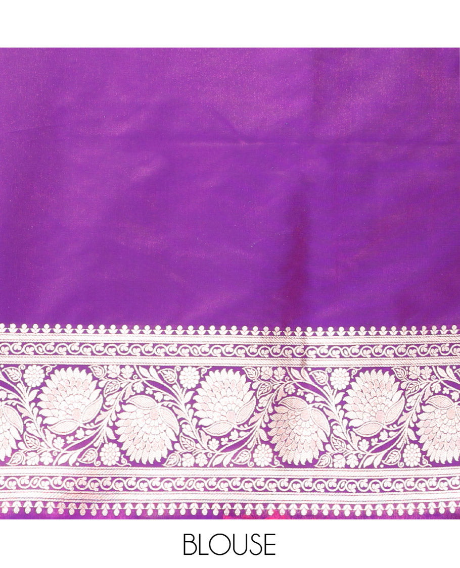 Violet Semi-Banaras Saree, Gracefully Embellished with Jaal Jacquard on Its Body, Highlighted by Floral Creeper Design Border, Intricately Designed Pallu, and Paired with a Matching Blouse