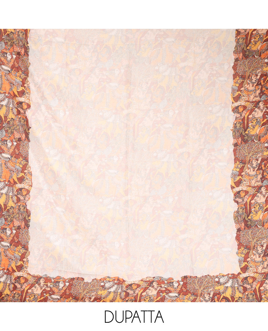 Cream Semi-Silk Material Chudidar, Ancient Human Motifs Printed Top, Santoon Bottom, and Printed Dupatta
