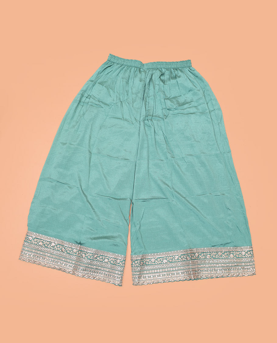 Light Rama Green Chudidar Set Artfully Detailed with Floral Jaal Jacquard Design and Embroidered Viscose Chinon Unstitched Top, Readymade Free Size Chinon Sharara Pants, and a Chinon Embroidered Scallop-Bordered Dupatta