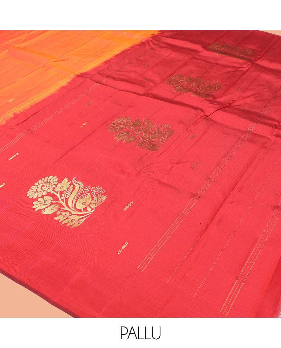 Orange Kanchipuram Silk Saree, Embellished with Zari Buttas, Complemented by a Contrast Mayil Border, Floral Design Pallu, and a Contrast Blouse