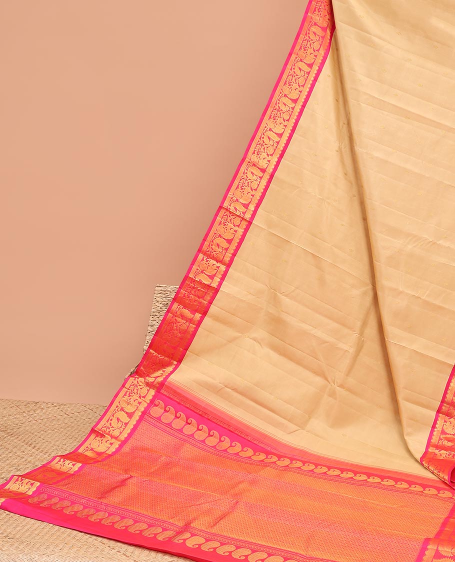 Orange kancheepuram silk saree with contrast korvai intricate zari design & checked zari design pallu