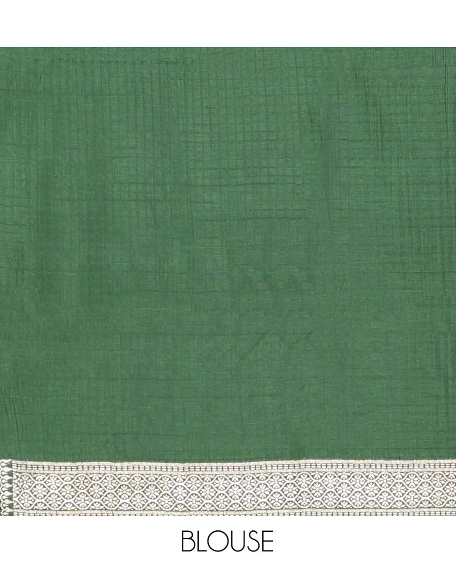 Rani Pink Raw mango Silk Saree, Subtly Sparkled with Checks and Floral Buttas, a Contrast Floral Creeper Border, Intricate Pallu, and a Contrast Blouse