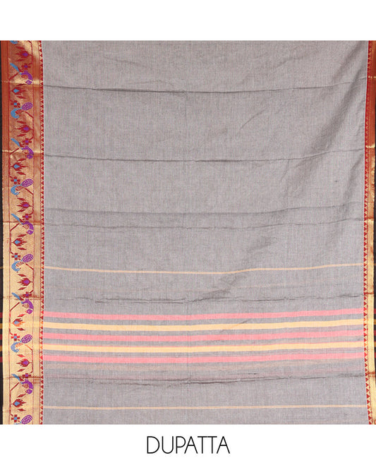 Grey Mercerised Cotton Material Chudidar Features Plain Top, Contrast Paithani Zari Border, a Plain Bottom and a Matching Dupatta