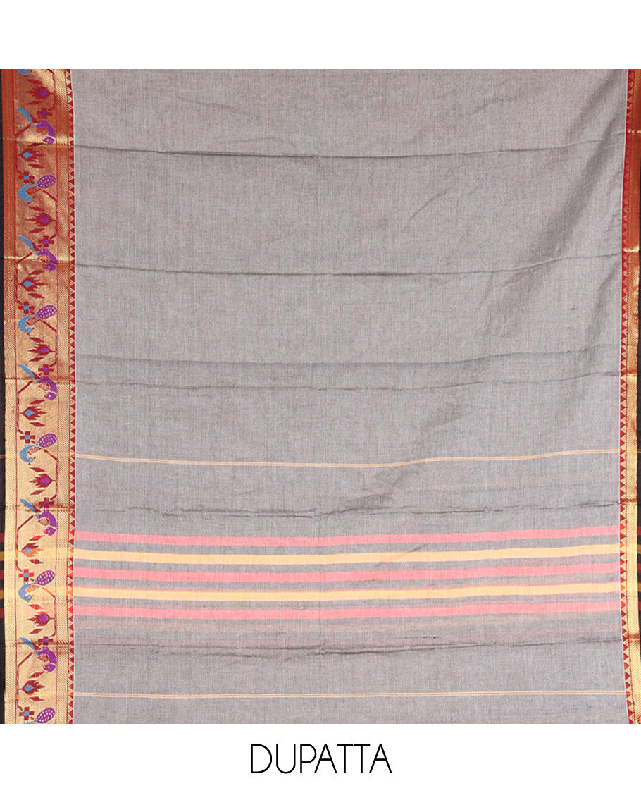 Grey Mercerised Cotton Material Chudidar Features Plain Top, Contrast Paithani Zari Border, a Plain Bottom and a Matching Dupatta
