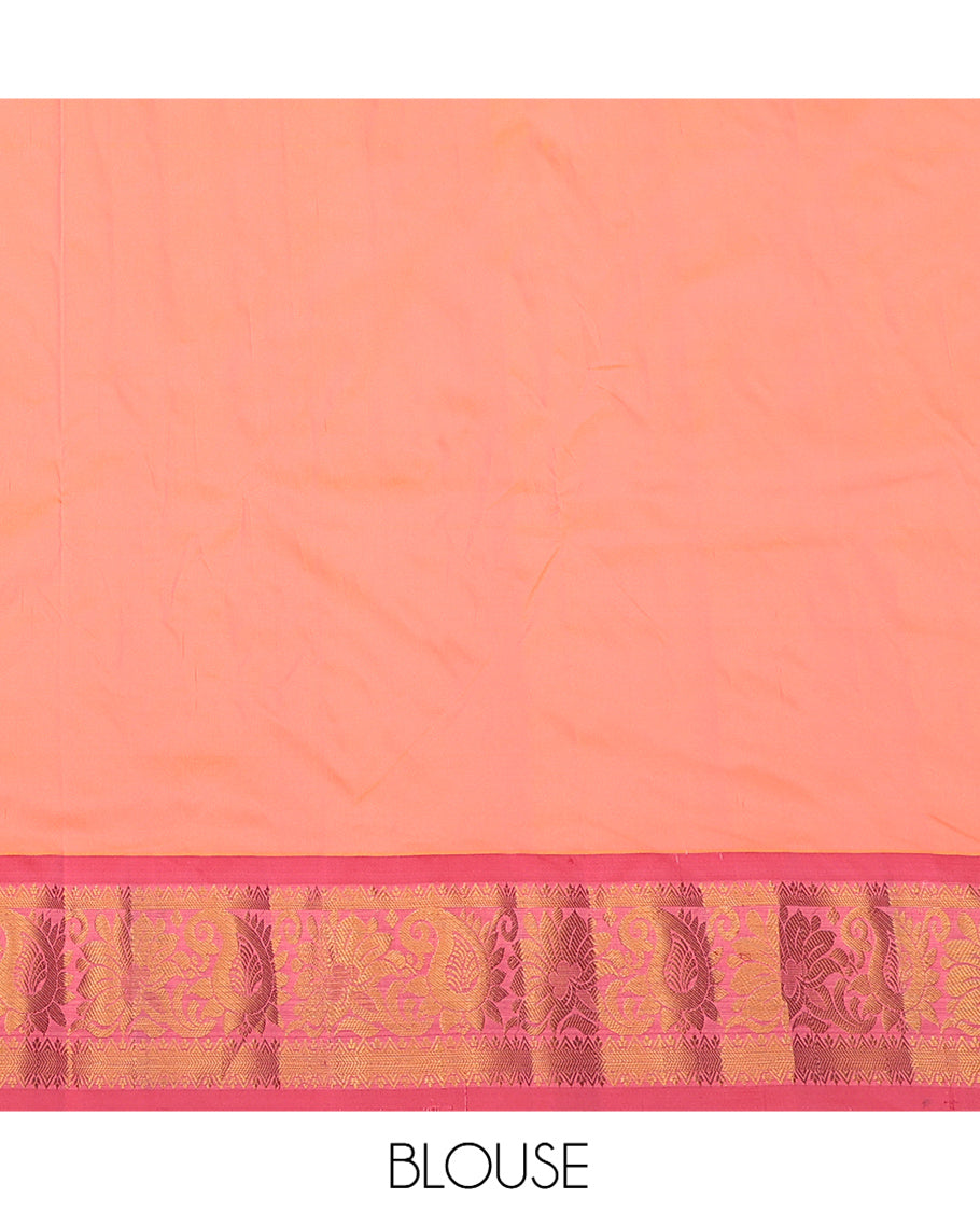 Peach Art Silk Pavadai Material Set, Decked Up with Zari Designs on Its Skirt, Complemented by a Contrast Traditional Zari Border, and a Matching Blouse