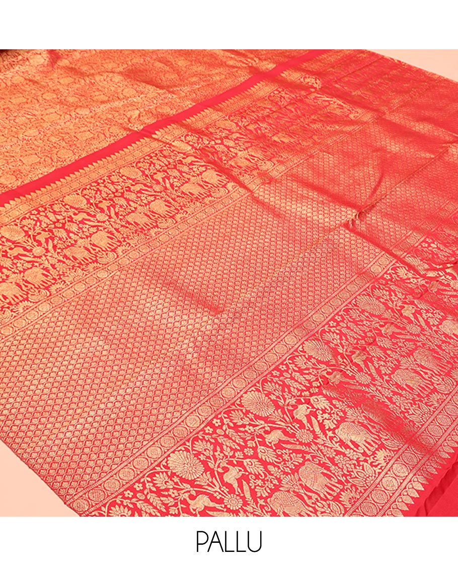 Borderless Red Kanchipuram Designer Silk Saree, Opulently Embellished with Floral Jaal Designs in Skirt-Border-Style, Pallu Features Jaal and Vanasingaram Designs, Paired with a Matching Blouse