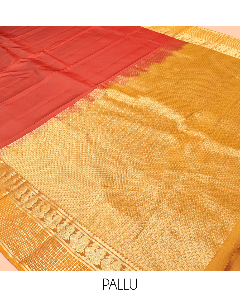 Red Plain Vasundhara Lite Silk Mix Saree, a Contrast Checked Zari Border of Rekku, and Mayil Designs, Grand Pallu, and a Contrast Blouse