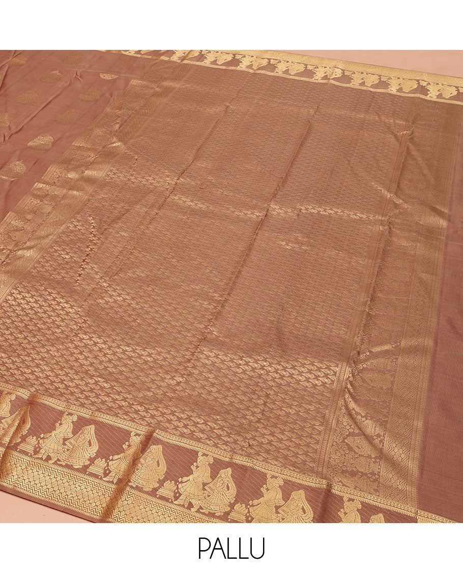 Pinkish Brown Vasundhara Silk Saree, Elevated with Zari Buttas All Over Its Body, Highlighted by Zari Border of Rekku, Muthu, Vangi, and Bride-Groom Suyamvaram Designs, Pallu of Zari Designs, and Paired with a Matching Blouse