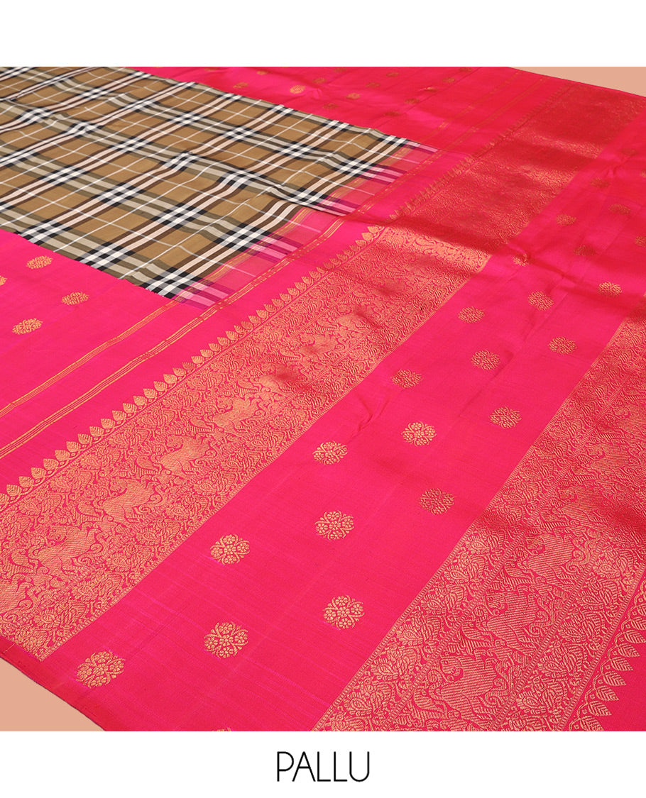 Brown Kanchipuram Designer Silk Saree, Impeccably Designed with Burberry Checks, Complemented by a Contrast Zari Buttas Border, Pallu of Yaali Design, and Contrast Blouse