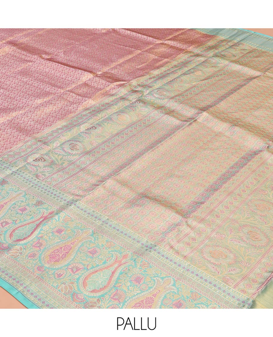 Pink Kanchipuram Tissue Silk Saree, Accentuated with Jacquard Designs on Its Body,  Complemented by a Contrast Meenakari Border, Intricately Designed Meenakari Pallu, and Paired with a Contrast Blouse