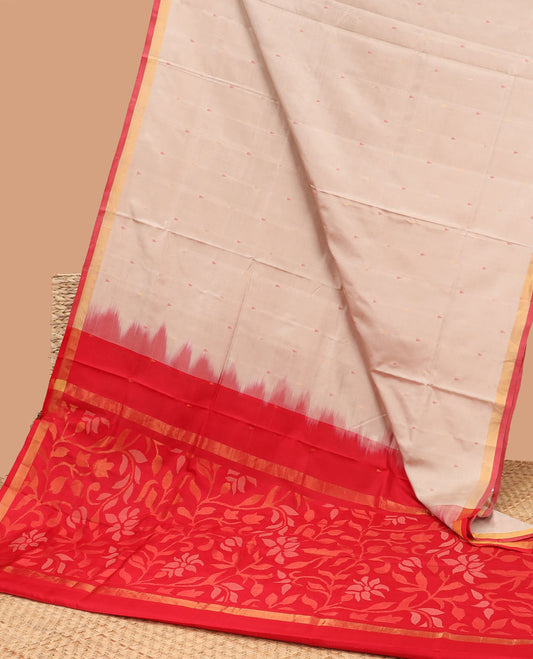 Beige uppada saree with unique buttas, contrast plain border & pallu of floral jaal designs