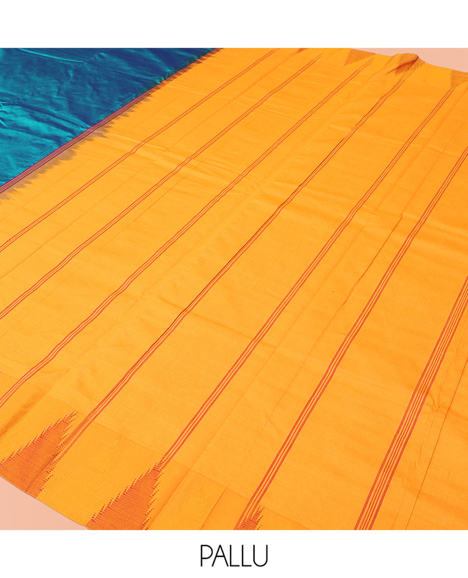 Blue Plain Bangalore Silk Saree, Complemented by a Contrast Temple Border, Striped Pallu, and Contrast Blouse