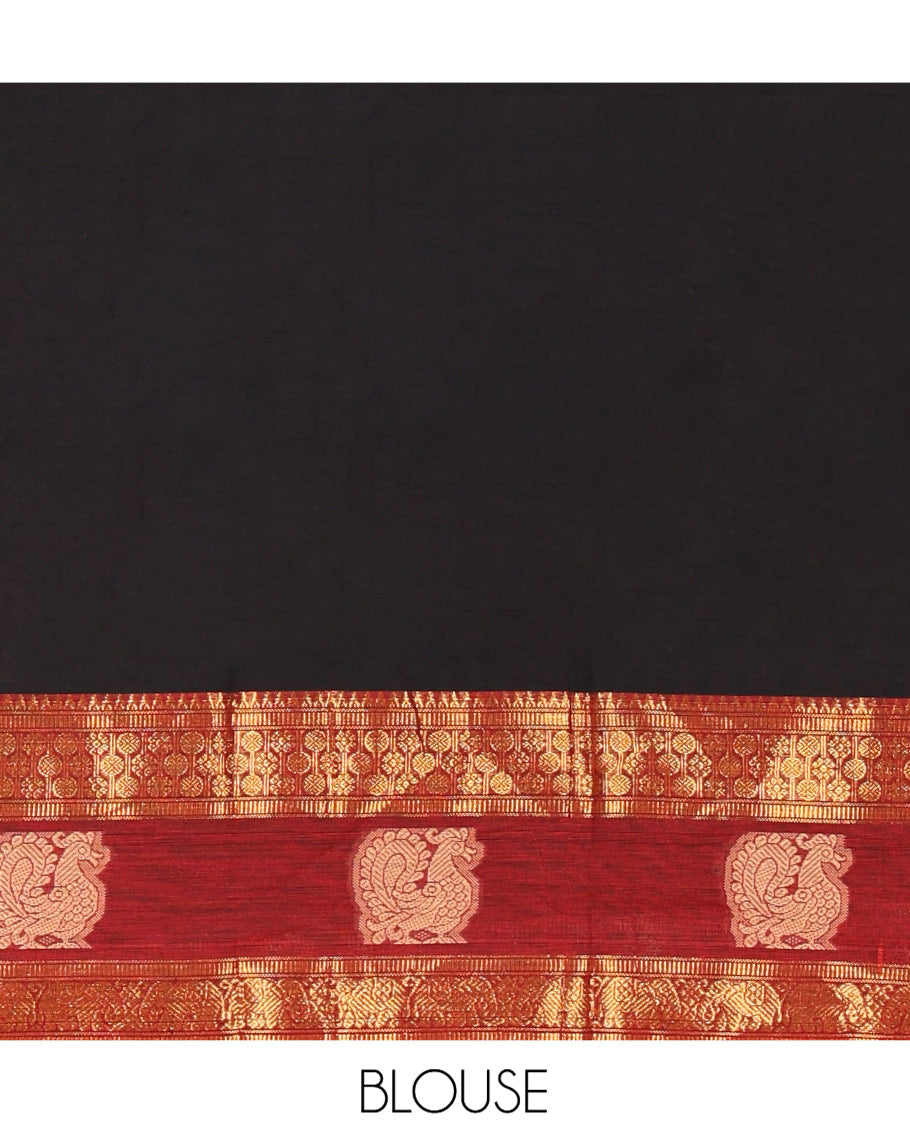 Black Chettinad Cotton Half-Saree Featuring Plain Skirt, Complemented by Contrast Traditional Border of Peacock and Rudraksha Designs, Paired with a Matching Blouse, and a Satin Georgette Zari Bordered Dhavani