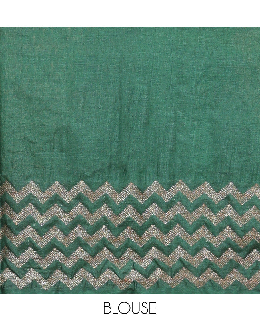 Green Tussar Silk Saree, Woven with Zari Buttas, a Contrast Chevron Zari Design Border, Floral Design Pallu, and a Contrast Blouse