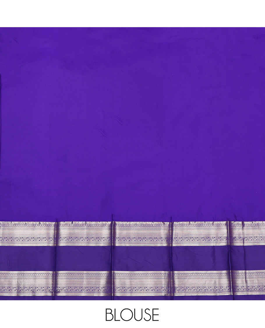 Blue Budget Silk Saree, Entralled with Zari Buttas All Over Its Body, Complemented by Contrast Traditional Zari Designs Woven Rettai Pettu Border, Grand Pallu and Paired with a Contrast Blouse