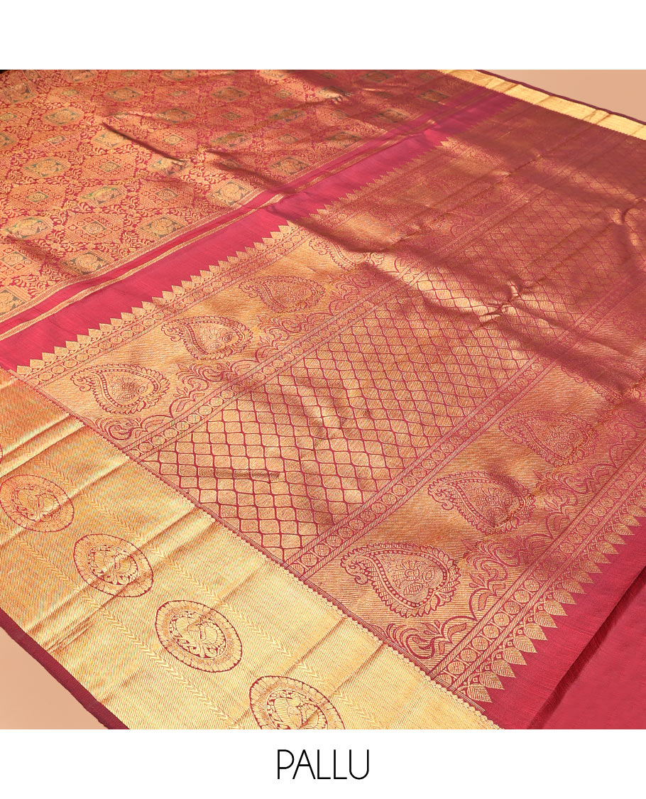 Maroon Kanchipuram Wedding Silk Saree, Decorated with Jacquard Design, Zari Border of Poo Chakram Designs, Grand Pallu, and a Matching Blouse