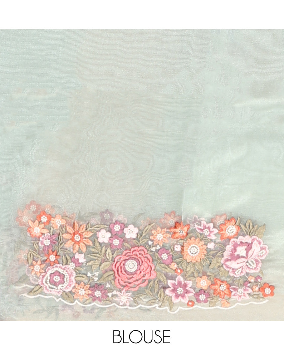 Green Organza Saree, Mesmerized with Floral Thread Buttas, Scallop Floral Embroidery Border, and Matching Blouse