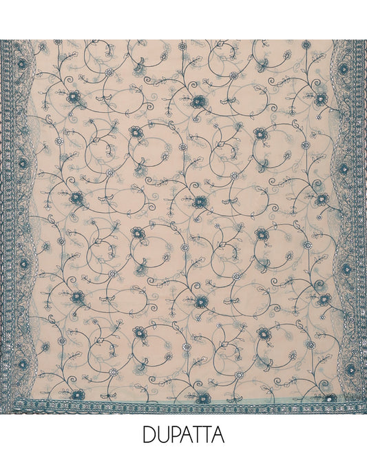 Green Material Chudidar Set Adorned with Embroidered Organza Chiffon Top, Subtly Made Plain Santoon Bottom, and a Organza  Dupatta Featuring Floral Jaal Embroidery