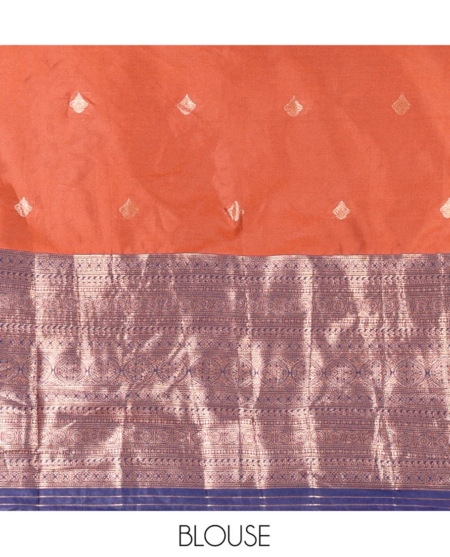 Rust and Navy Blue Semi-Banarasi Half-Saree, Embellished with Zari Buttas on Its Skirt, Complemented by a Contrast Traditional Zari Designs Woven Border, Paired with a Matching Blouse, and a Contrast Satin Georgette Embroidered Scallop Dhavani