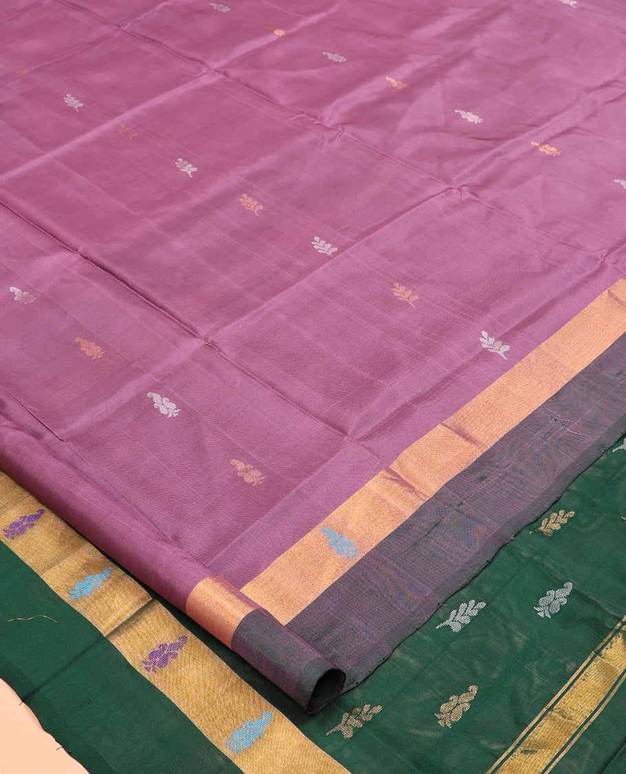 Purple Uppada Silk Saree, Beautified with Buttas, a Contrast Zari Border, Pallu of Zari Designs, and a Contrast Blouse