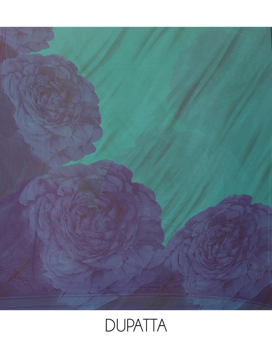 Green Material Chudidar Set, Beautifully Bedecked with Elegant Rose-Theme Abstract Print on Its Italian Crepe Top, Subtly Made Italian Crepe Bottom, and Georgette Dupatta of Rose Print