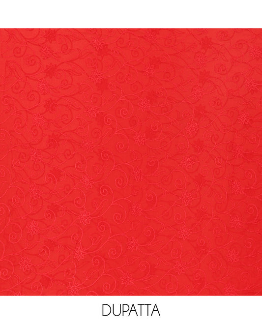 Red Material Chudidar Set Elevated with Phulkari-Style Floral Embroidery and Floral Print Rayon Top, Subtly Made Plain Rayon Bottom, and a Chiffon Georgette Dupatta of Floral Theme Designs