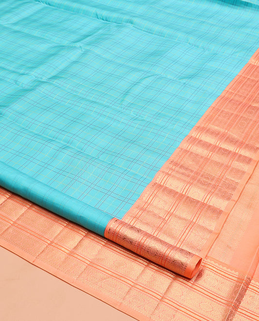 Blue Vasundhara Silk Saree, Woven with Checks, Contrast Border of Rekku, Chakram, and Jada Nagam Designs, Grand Pallu, and a Contrast Blouse