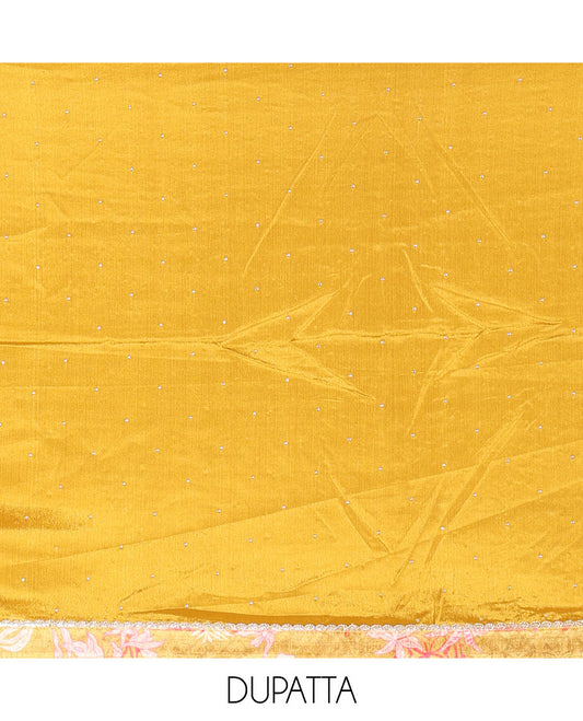 Mustard Material Chudidar Set Elevated with Floral-Geometric Printed with Neck Embroidered Chinon Top, Subtly Made Plain Santoon Bottom, and a Chinon Dupatta Featuring Printed Border, and Glitter Dots