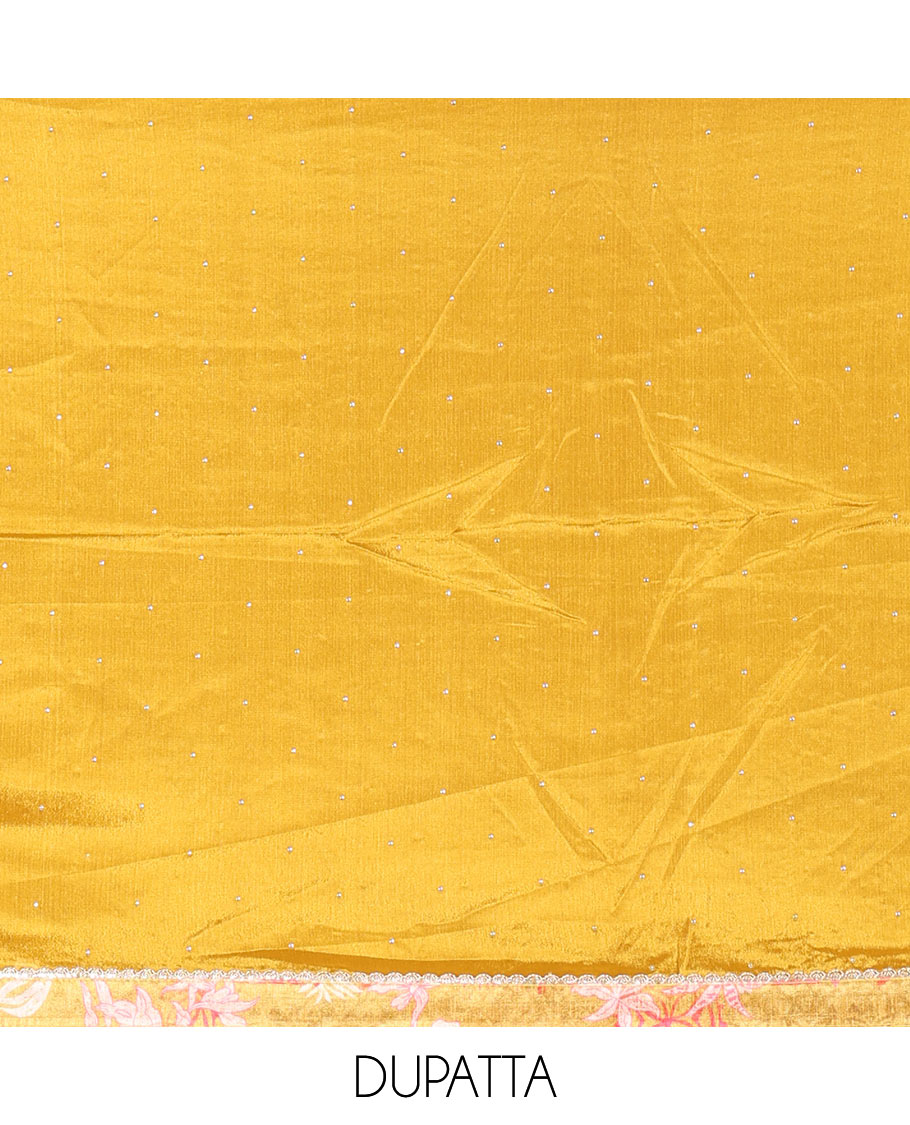 Mustard Material Chudidar Set Elevated with Floral-Geometric Printed with Neck Embroidered Chinon Top, Subtly Made Plain Santoon Bottom, and a Chinon Dupatta Featuring Printed Border, and Glitter Dots