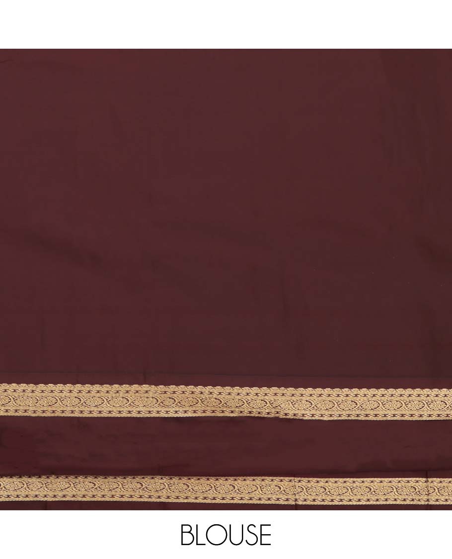 Red Budget Silk Saree, Elevated with Zari Buttas All Over Its Body, Complemented by a Contrast Traditional Zari Design Border, Grand Jaal Pallu, and Paired with a Contrast Blouse