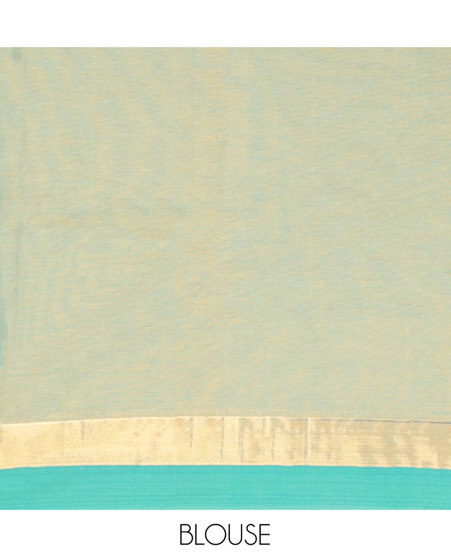 Green Kanchi Cotton Saree, Elevated with Buttas All Over Its Body, Complemented by a Contrast Border, Pallu of Intricate Design, and Paired with Matching Blouse