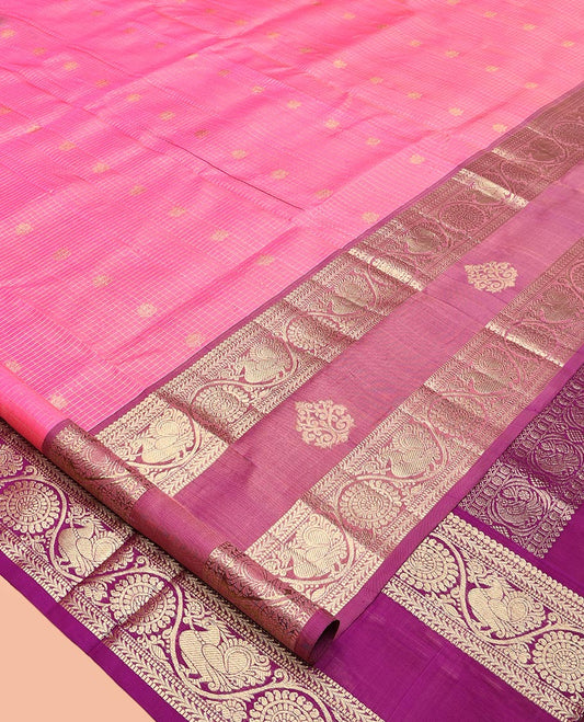 Pink Zari Buttas-Checks Venkatagiri Silk Saree, Contrast Traditional Border, Peacock Pallu, Contrast Blouse