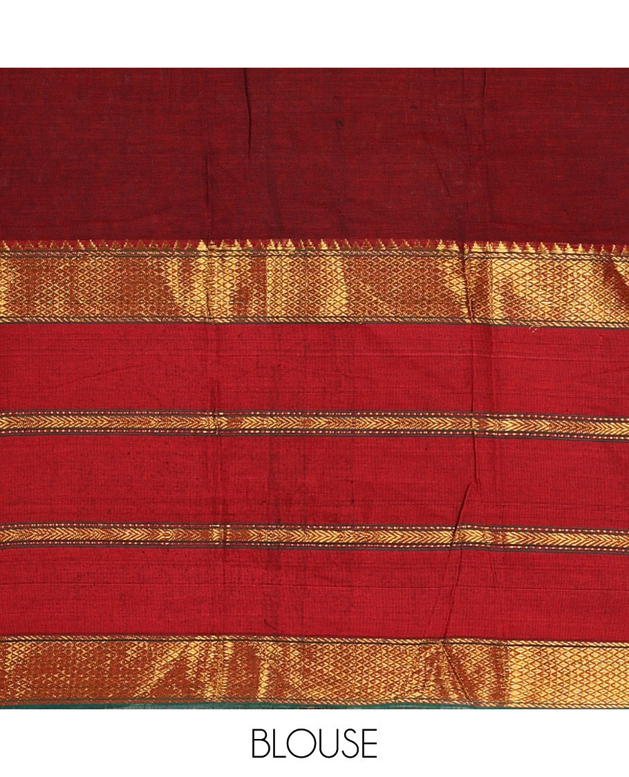 Maroon-green mercerised cotton half-saree, plain & contrast traditional zari big border skirt, traditional motifs matching blouse & contrast Syska georgette dhavani