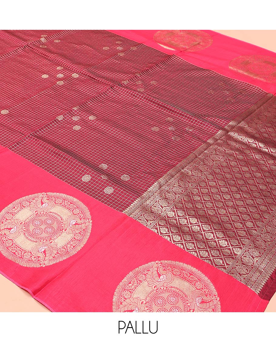 Maroon H O-Silk Saree, Elegantly Detailed with Zari Buttas and Zari Checks On Its Body, Accentuated with Contrast Big Chakram Motifs Woven Border, Grand Jaal Design Woven Pallu, and Paired with a Checked Blouse