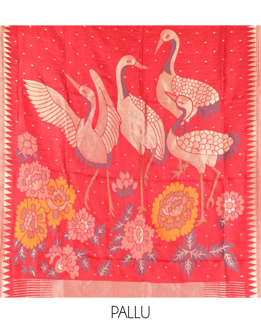 Red HO-Silk Saree, Elevated with Diamond Buttas All Over Its Body, Highlighted by Temple Border, Complemented by Pallu Depicting Floral and Crane Motifs, Paired with a Matching Blouse