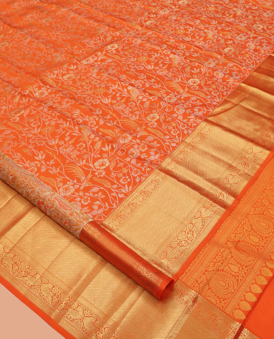 Orange Jacquard Kanchipuram Wedding Silk Saree, Highlighted by a Zari Border of Thilakam Mokku, Yaanai, Mayil, Kathir Designs, Intricately Designed Pallu, and Matching Blouse