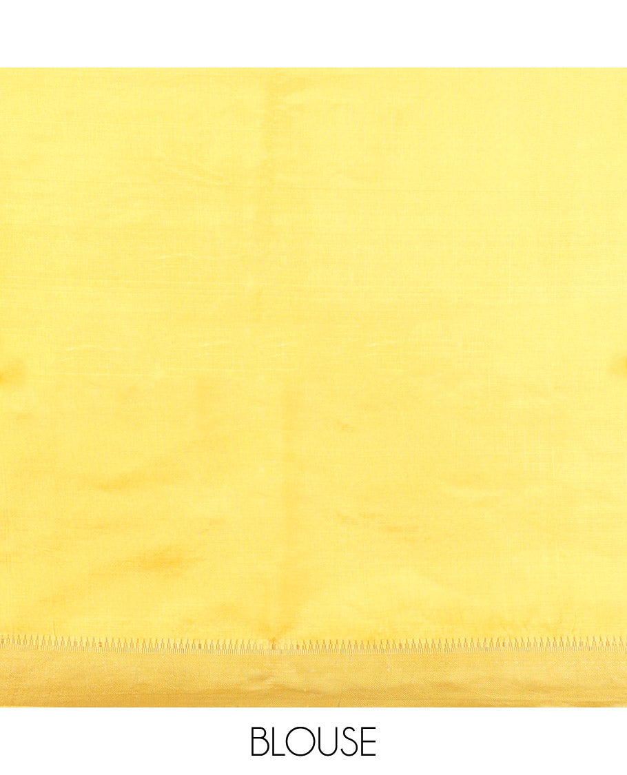 Yellow Banana Pith Saree, Subtly Sparkled with Buttas, a Zari Temple Border, Striped Pallu, and Matching Blouse