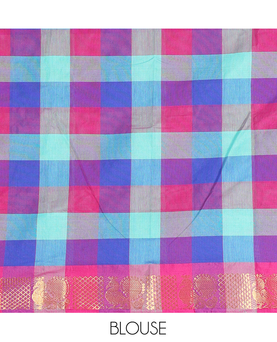 Multi-Color Checked Chettinad Cotton Half-Saree Features a Peacock Border, Matching Blouse, Contrast Dhavani