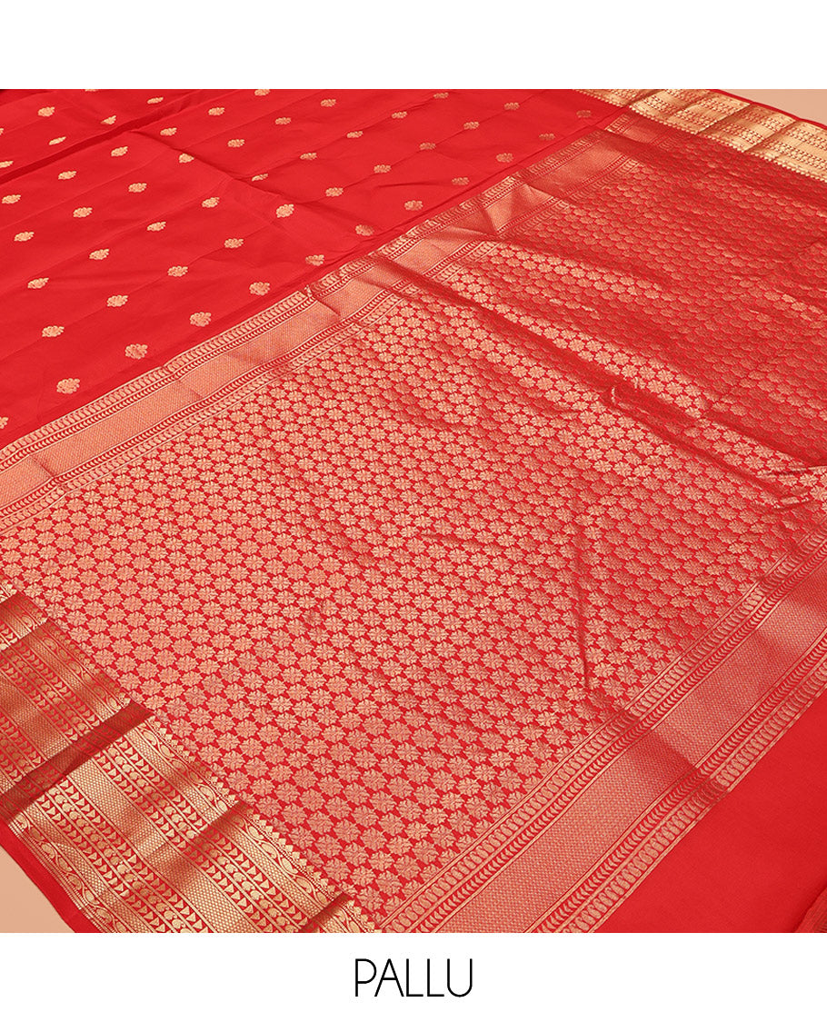 Red Vasundhara Lite-Silk Mix Saree, Delicately Woven with Zari Buttas, Highlighted by Zari Traditional Border, Intricately Designed Pallu, and a Matching Blouse