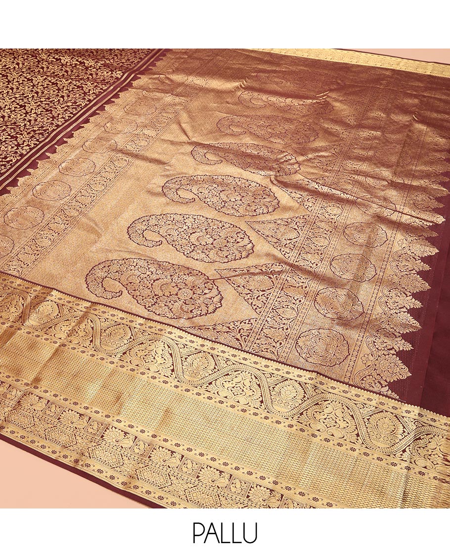 Maroon Kanchipuram Wedding Silk Saree, Elevated with Floral Jacquard Design, a Zari Border of Traditional Design, Grand Pallu, and a Matching Blouse