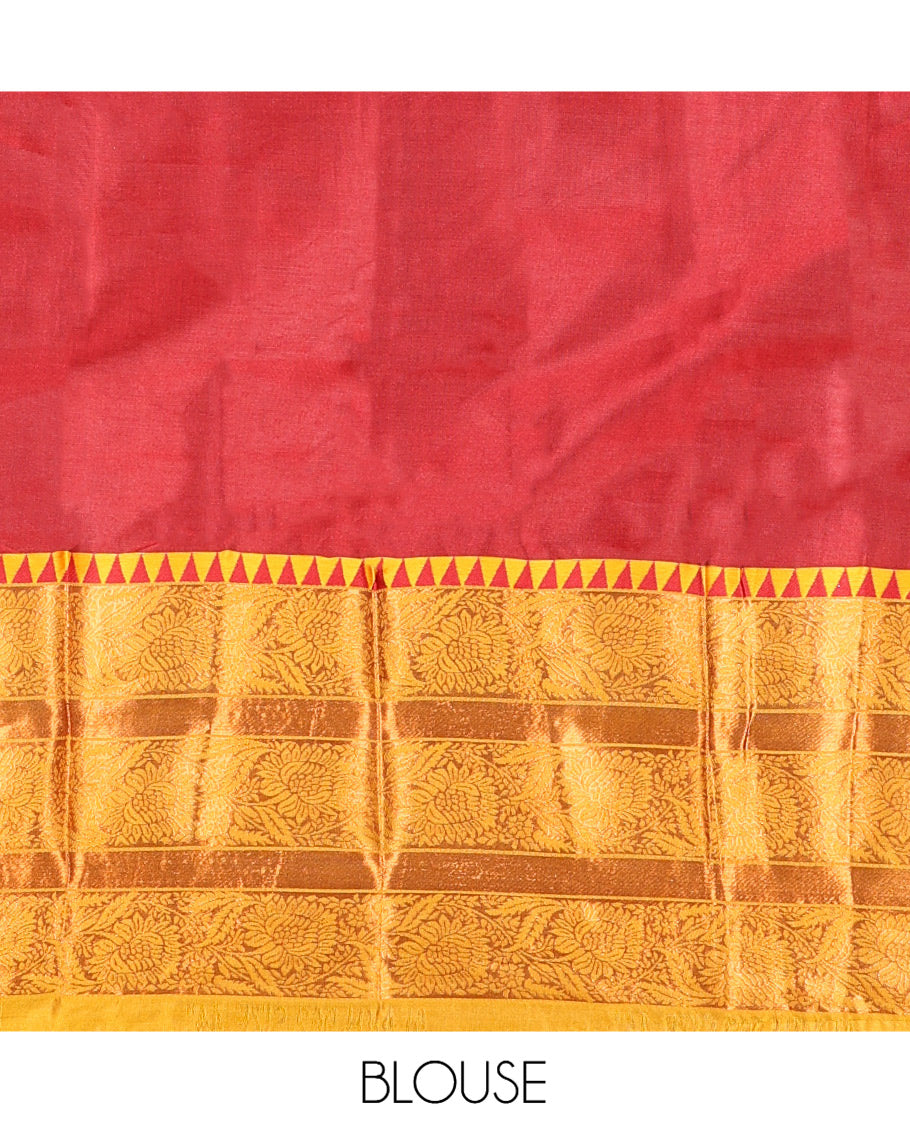 Red-Yellow Semi-Banarasi Half-Saree Features Plain Skirt, Contrast Floral Creeper Zari Border, Matching Blouse, Contrast Dhavani