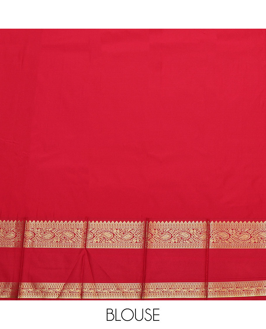 Violet Budget Silk Saree, Spotlighted with Zari Buttas, Complemented by Contrast Traditional Rettai Pettu Border, Grand Pallu, and a Contrast Blouse