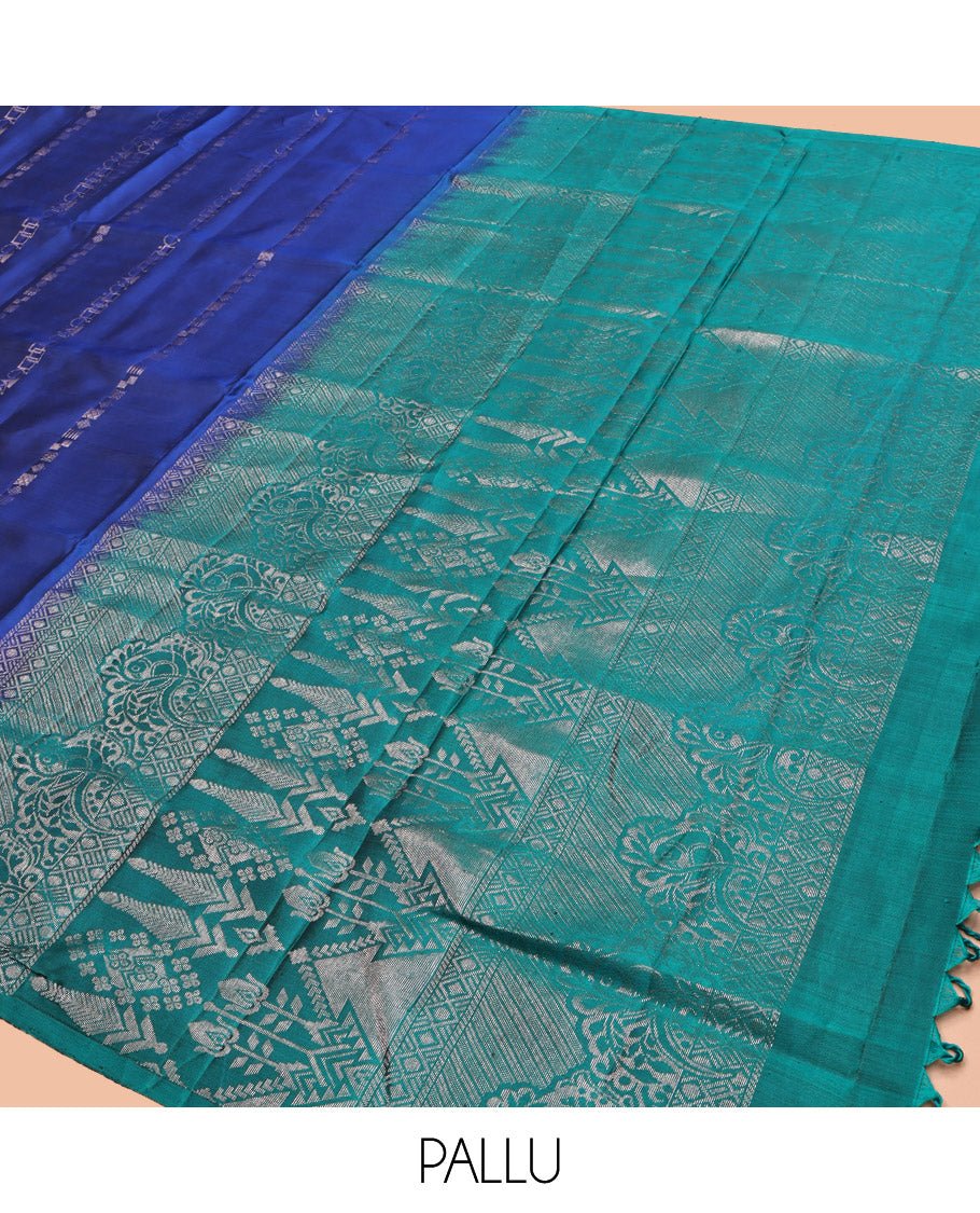 Blue Mayuri Lite Silk Mix Saree, Meticulously Crafted with Geometric Buttas, Highlighted by Peacock Motif Border, Contrast Intricate Pallu, and a Contrast Blouse
