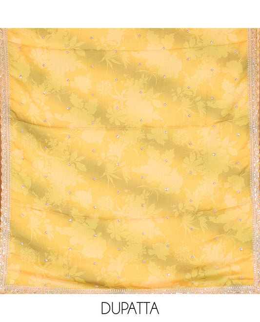 Yellow Material Chudidar Set Beautified with Intricately Embroidered Muga Silk Top, Subtly Made Plain Santoon Bottom, and a Bemberg Chiffon Dupatta Featuring Floral Printed, and Embroidery