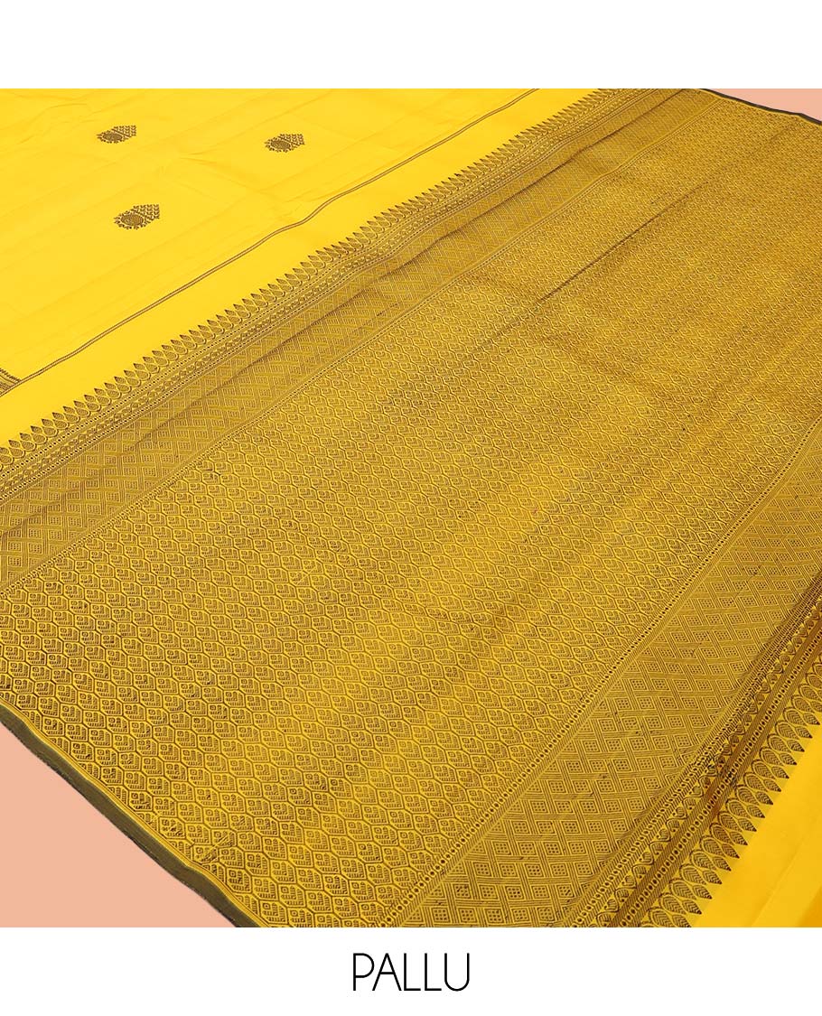 Yellow Kanchipuram Silk Saree, Crafted with Thread Buttas, a Self-Border of Manga, Ara Maadam, Kathir, Mayil Kann, Jaal Pallu, and a Matching Blouse