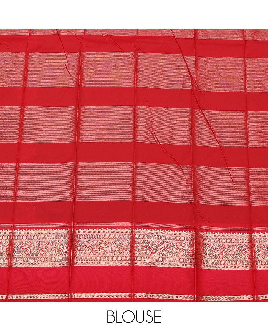 Green Budget Silk Saree, Decorated with Zari Buttas and Zari Stripes All Over Its Body, Complemented by a Contrast Traditional Zari Design Rettai Pettu Border, Grand Jaal Pallu, and Paired with a Contrast Blouse