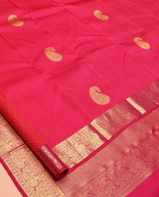 Pink Embossed-Manga Buttas Kanchipuram Silk Saree, a Mayil Border, Ara Maadam Pallu, Matching Blouse